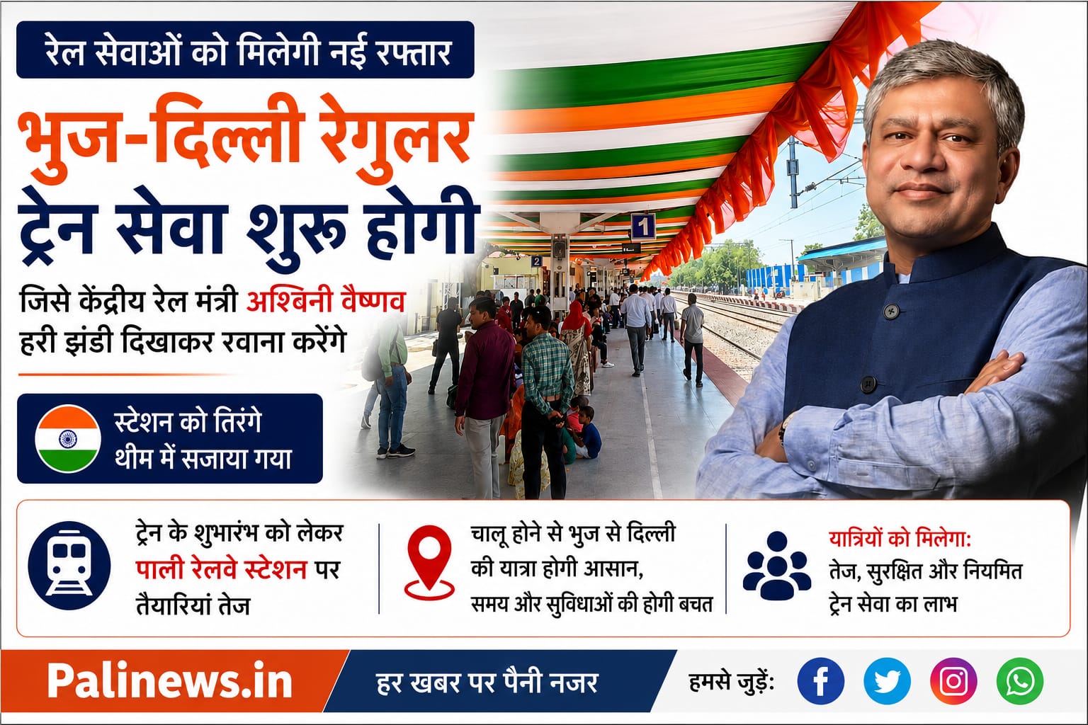 पाली रेलवे स्टेशन तिरंगे रंग में सजा कल से शुरू होगी भुज-दिल्ली सीधी ट्रेन सेवा